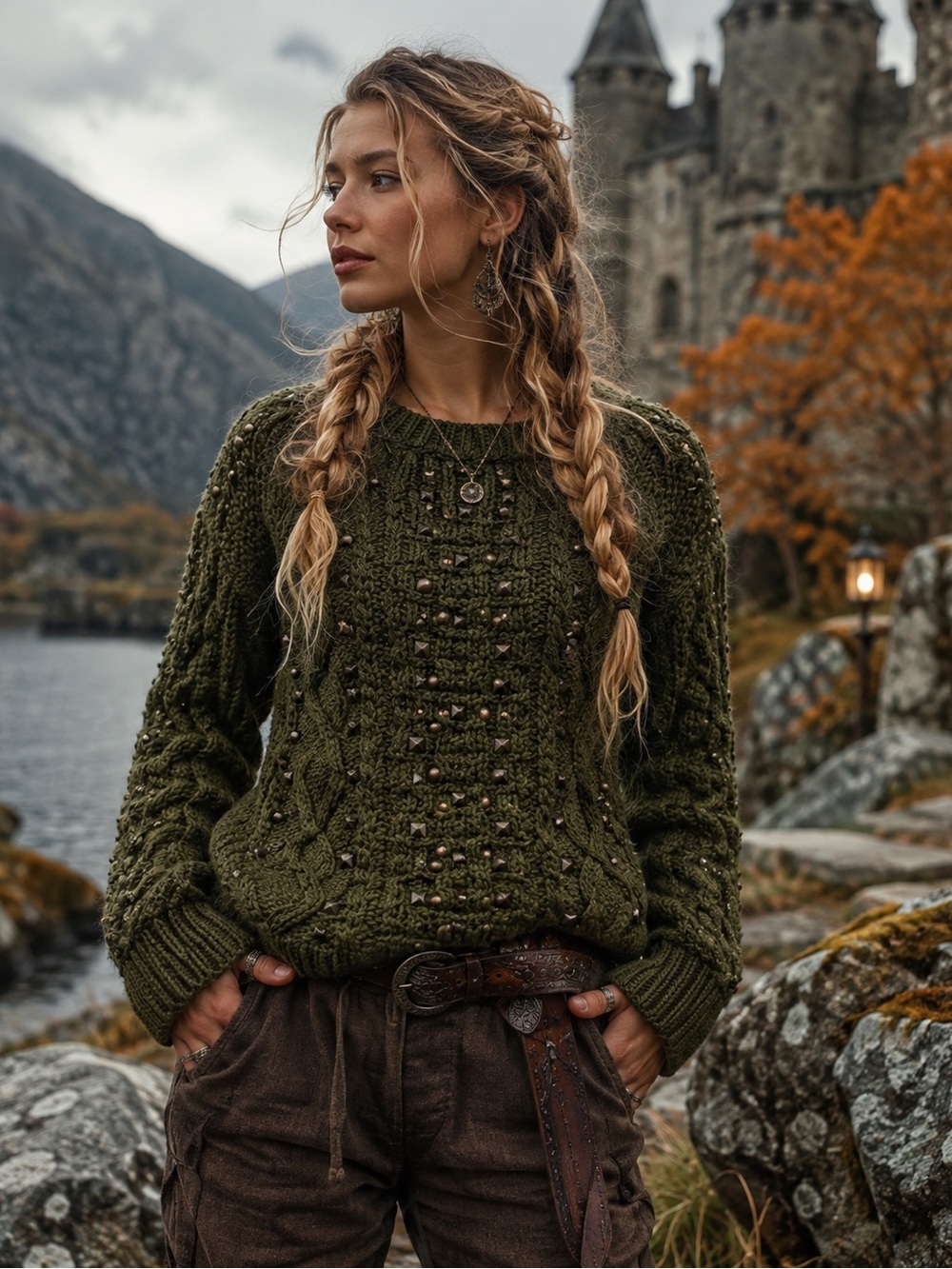 American Eagle Olive Green Studded Cable Knit Viking Sweater M